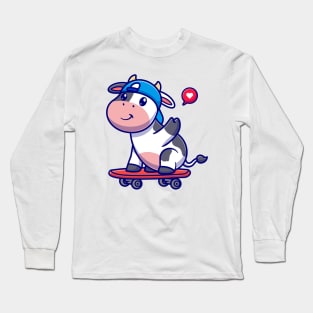 Cool Cow With Skateboard Cartoon Long Sleeve T-Shirt